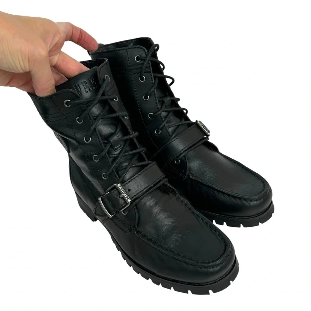 Lauren Ralph Lauren Zera Leather Lace Up Ankle Boots Black Buckle Womens Size 7B